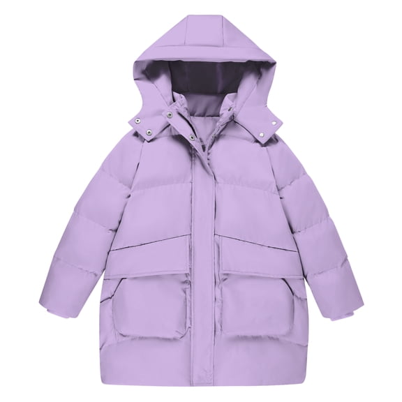 Lanbubble Girls Winter Coat Hooded Puffer Jacket Mid-Lenght Outerwear with Large Pockets 7-14Y