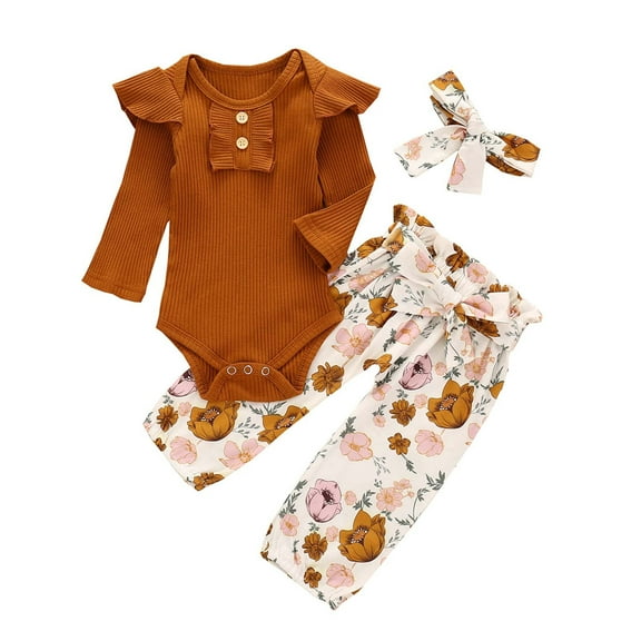 Odeerbi Baby Boy Girl Clothes Baby Romper French Rib Cotton Long Sleeved Trousers Floral Pants Headband Suit