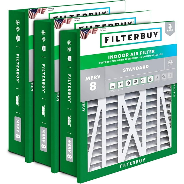 Filterbuy 20x20x5 MERV 8 (MPR 600) Dust Defense, Pleated HVAC AC Furnace Air Filters for Honeywell Return Grille FC40R1003 (3-Pack)