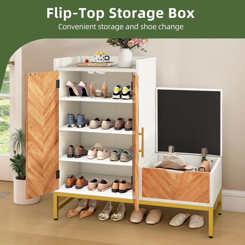 Uforic 4-Tier Shoe Storage Cabinet with Cushioned Bench, Modern Shoe Organizer for Entryway & Bedroom, White