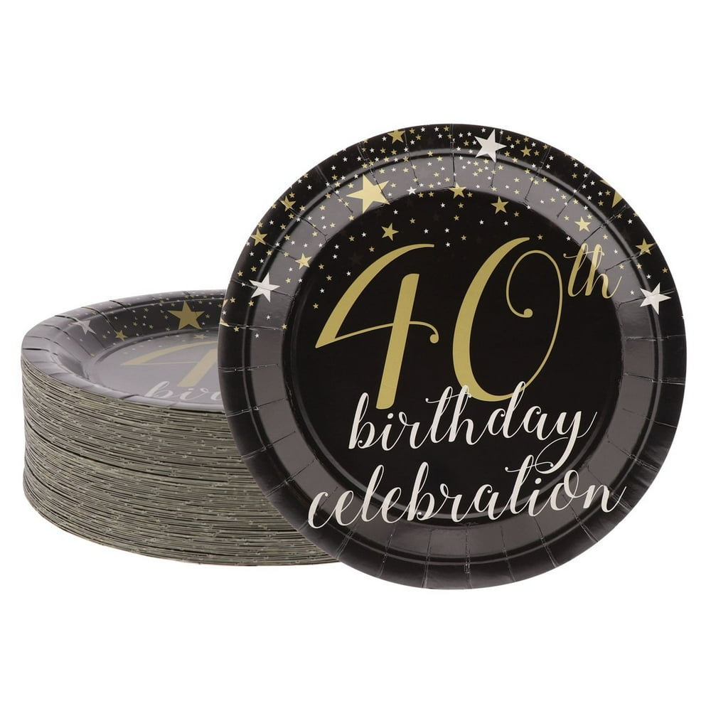 80Count 40th Birthday Party Paper Plates 9", Black and Gold Foil