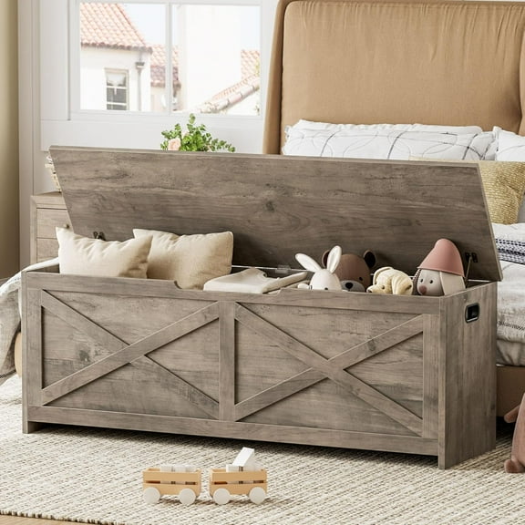 GarveeHome 47.2" Storage Chest, Wooden Storage Bench with Safety Hinges, Easy Assembly, Large Toy Chest for Entryway, Living Room, Bedroom, Grey