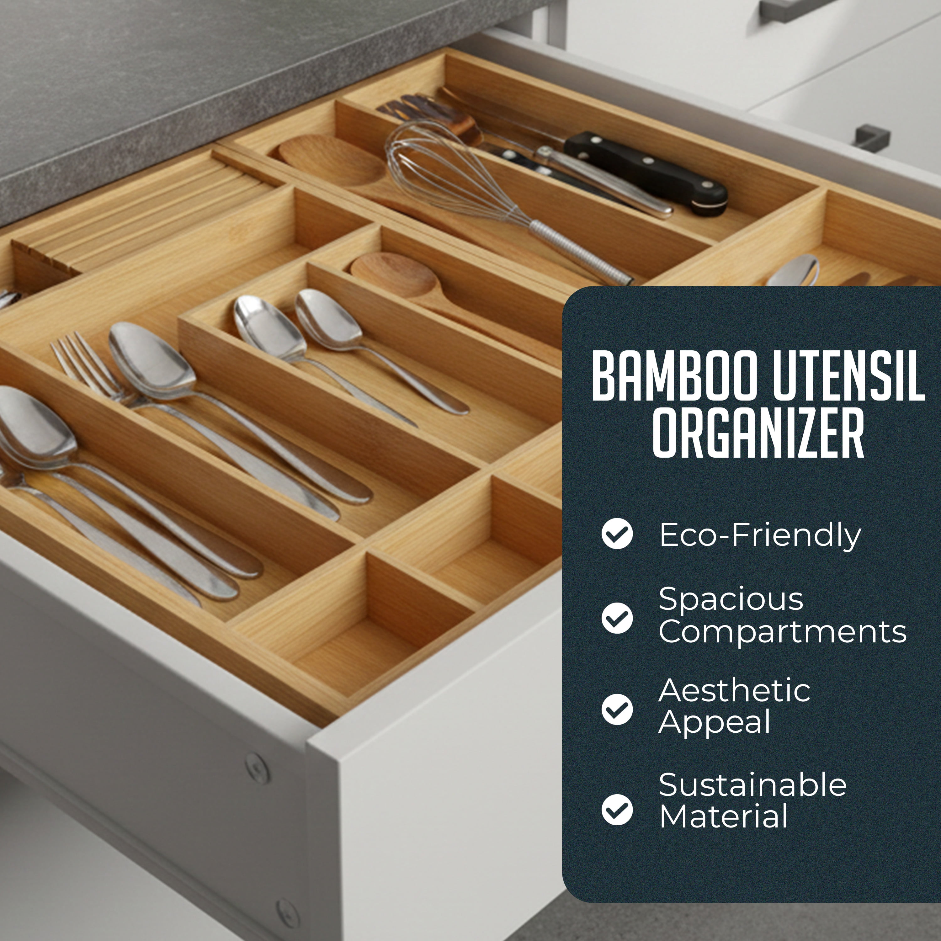Expandable Bamboo Utensil Drawer Organizer, Wooden Utensil Tray, Non-Slip, Durable Cutlery Divider for Kitchen Flatware & Utensils