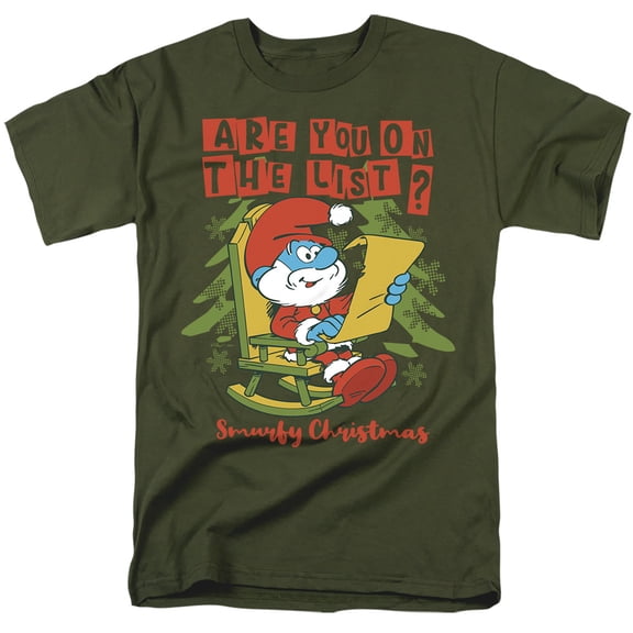 Smurfs Christmas, Papa Smurf Are You On The List Unisex Adult T Shirt, Military Green, Small