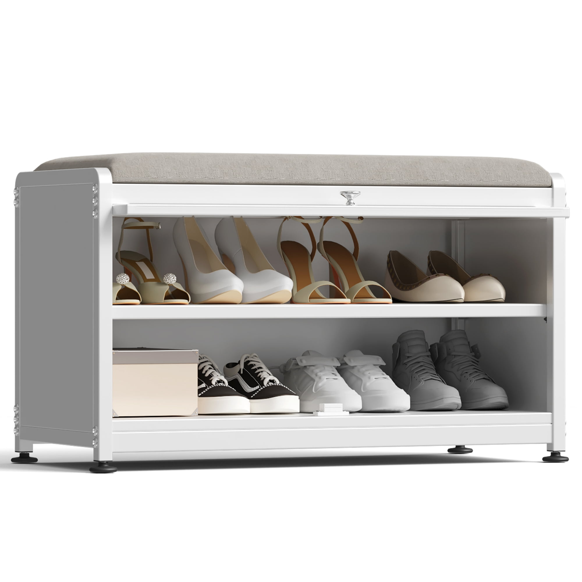 Innovaze Metal Shoe Rack bench with Cushion Seat, Shoe Cabinet for Entryway, White