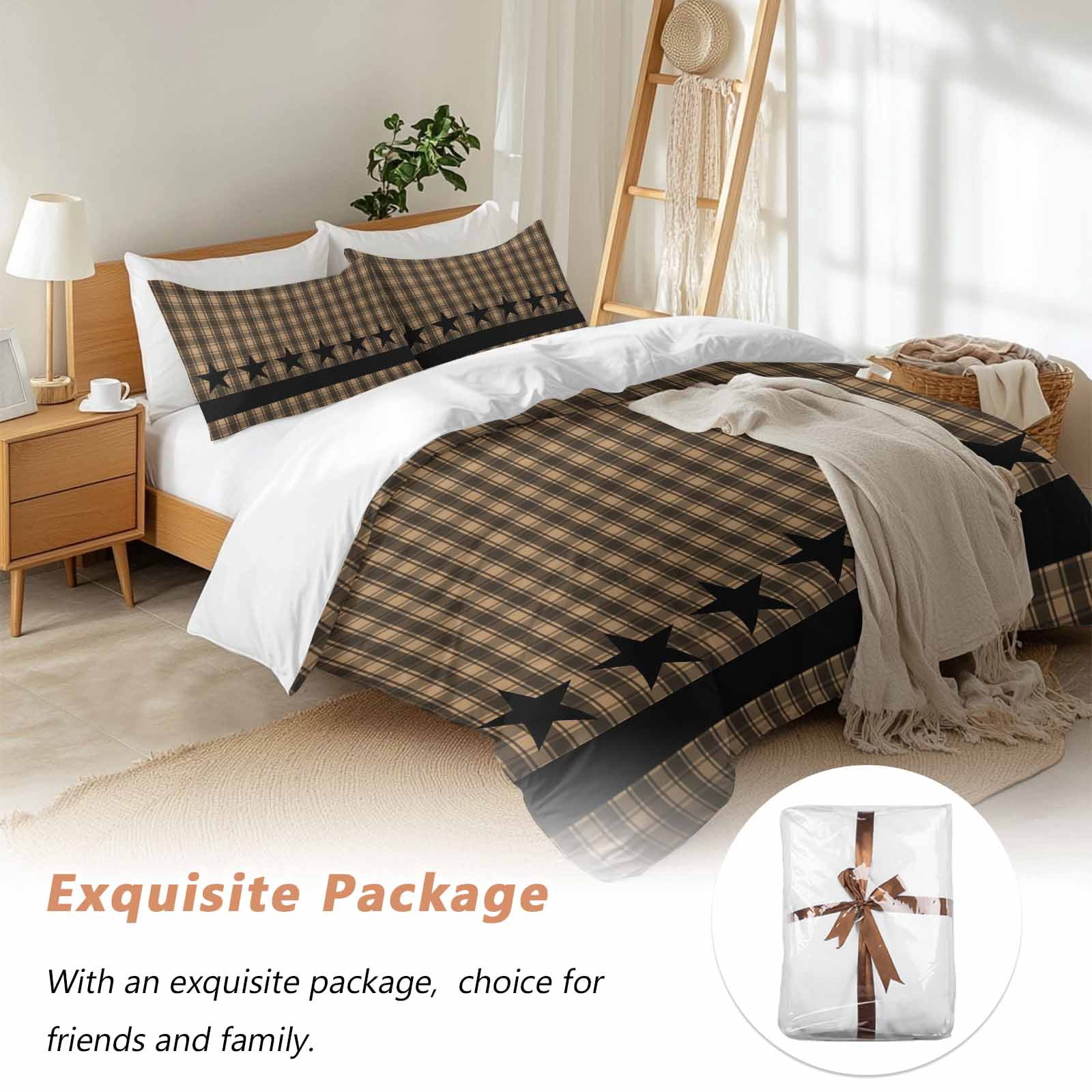 Brown Black Plaid Bedding 3 Piece Duvet Cover Set Twin Size, Vintage Rustic Star Buffalo Check Soft Microfiber Comforter Cover with Zipper Closure & Pillowcases, Wrinkle & FadeResistant Quilt Cover