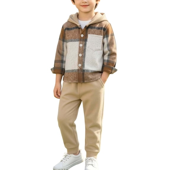Agkizg Toddler Boys Clothing Set Plaid Hooded 2 Piece Outfit Long Sleeve Button Down Top Pants Fall Set