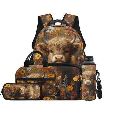 XYZCANDO Highland Cow School Backpack Set 4Pcs with Portable Lunch Bag Multifunctional Pencil Case Water Bottle Bag Carrier Suitable for Elementary Middle School