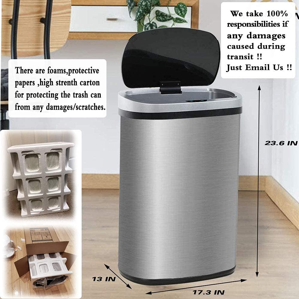 13 Gallon Trash Can Automatic Kitchen Garbage Can with Lid Touchless Sensor Waste Bin Slim No Touch Stainless Steel Trash Can for Home, Living Room, Bedroom, Office, 50 Liter- Silver