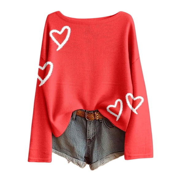 Valentines Sweaters for Women Oversized Fit Heart Print Sweater Soft Crewneck Knit Pullover Long Sleeve Lightweight Top for Fall Red XL