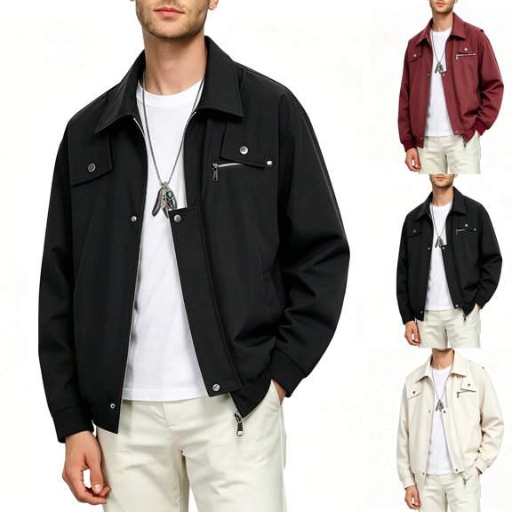 PNTUTB Outerwear for Men Full Zip Snap Button Lapel Jacket Solid Color Long Sleeve Coat Casual Comfort Trendy Fashion Outerwear with Pockets