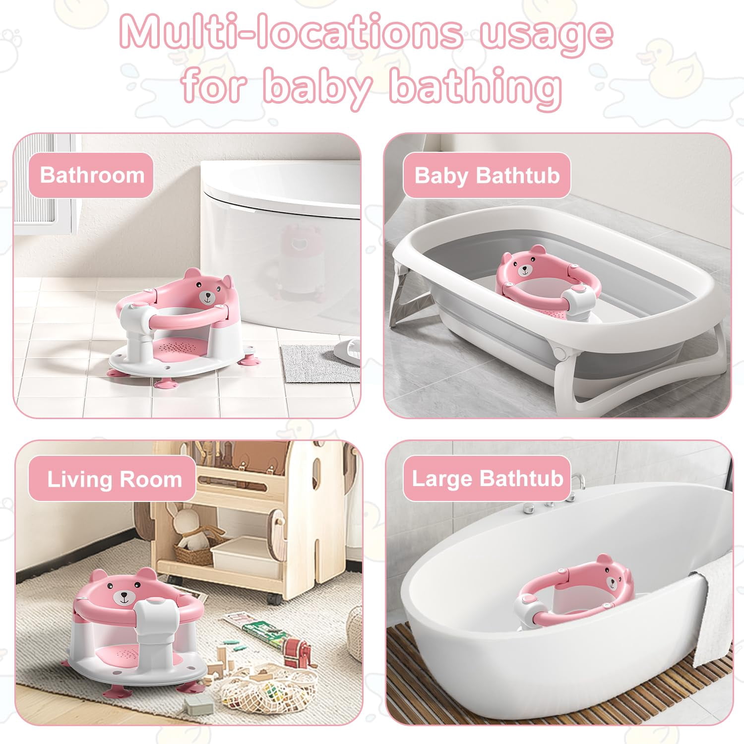 Soluxeo Baby Bath Seat for Babies 6 Months & up, Non-Slip Toddler Bath Seats for Babies Sitting Up with 4 Suction Cups & Soft Cushion for Shower(Pink)