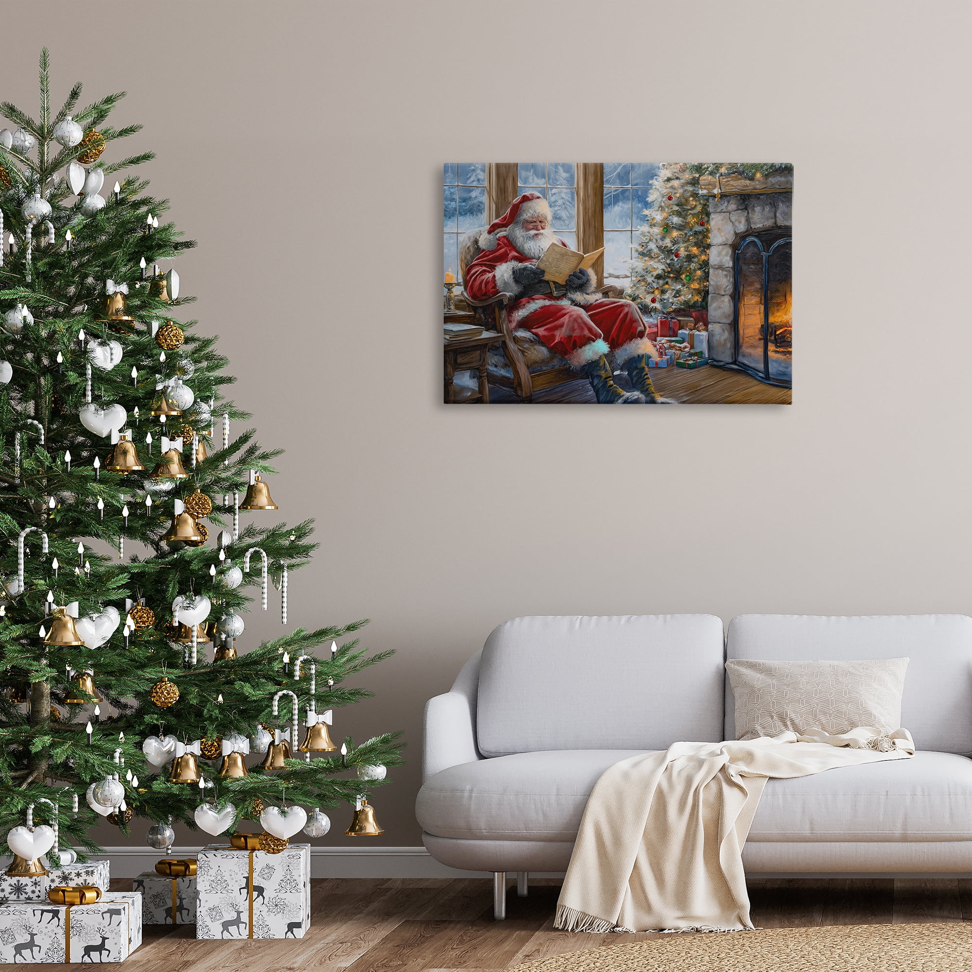 Stupell Industries Santa Reading by Fire Holiday Painting Gallery Wrapped Canvas Art Prints Wall Art, 36 x 24