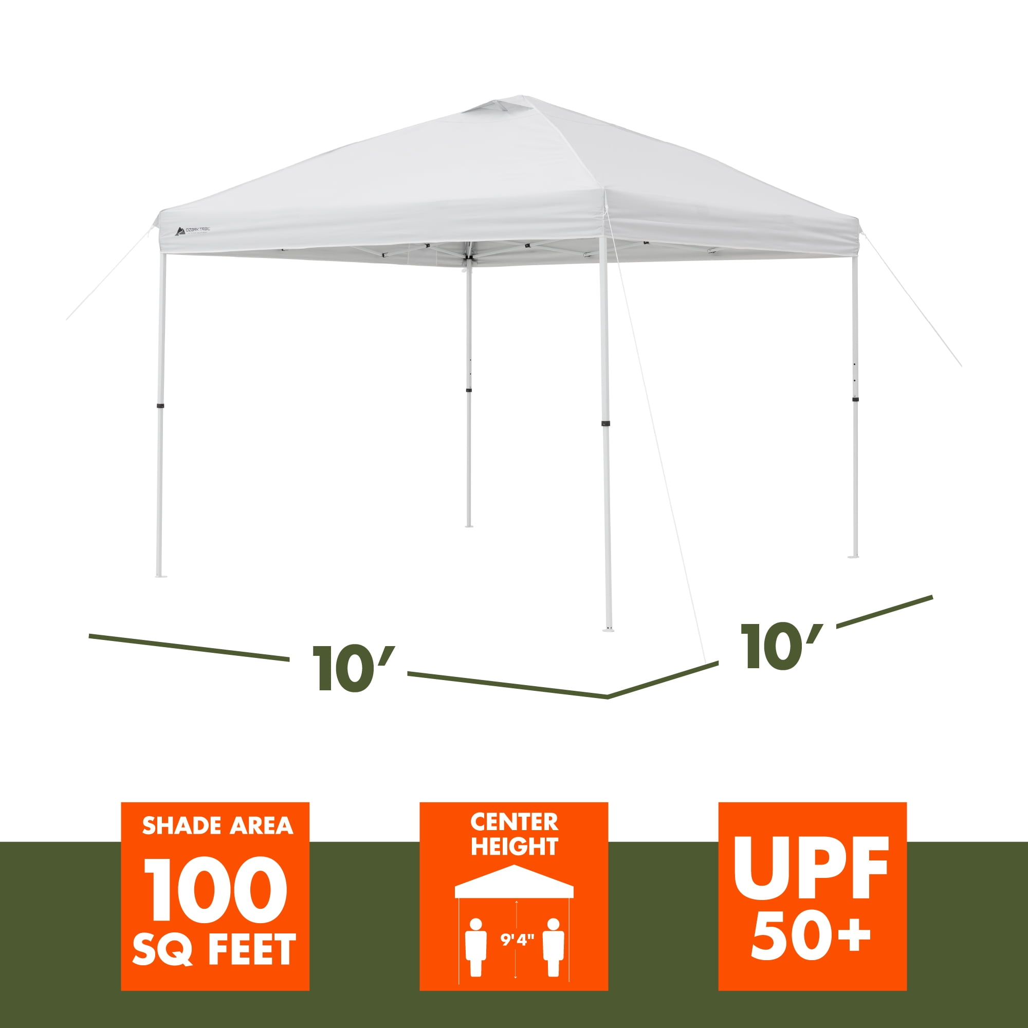 Ozark Trail 10' x 10' White Instant Straight Leg Canopy, 100 Sq. Ft. Shade