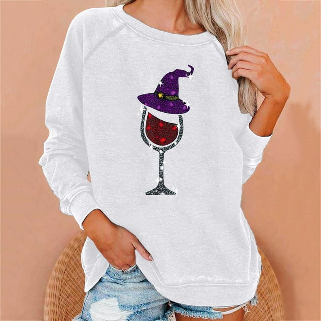 Sweat à Capuche Mode pour Femmes 2023 Manches Longues Col Rond Hauts Blouse Ample Imprimé Halloween Chandail en Molleton Graphique 50 % de Réduction Costumes Halloween/noël