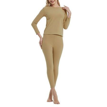 

Women s Round Collar Long Sleeve Double Sided Brushed Warm Solid Color Slim Bottom Outer Wear Long Sleeve Thermal Underwear Set
