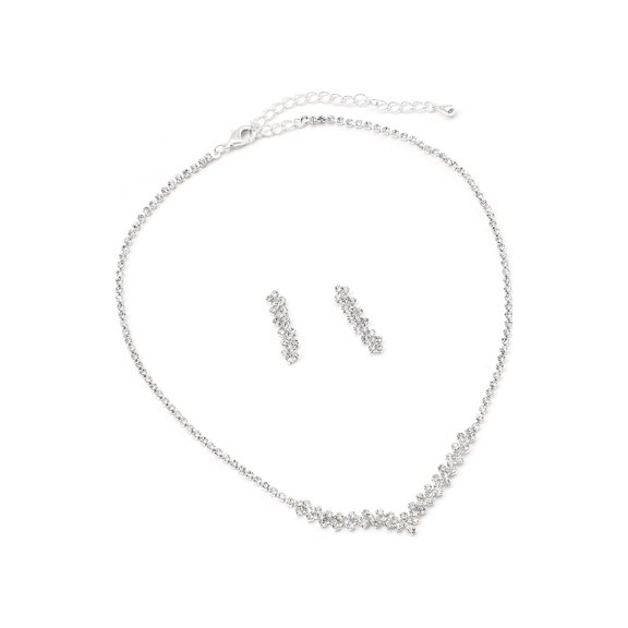 Silver Crystal Rhinestone Bridal Wedding Party 4 Stones Drop Dangle Earrings & Small V Shaped with Rectangle Rhinestone Necklace Jewelry Set