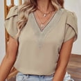 thumbnail image 4 of Blusa de encaje con escote en V y mangas cortas de pétalos de color caqui para mujer de verano: camiseta informal de corte holgado, 4 of 7