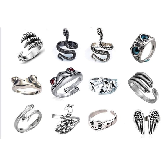 Animal Rings Set 12 Piece Adjustable Alloy Rings European Design Unisex Zodiac Theme Birthday Gift Individually Packed