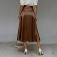 thumbnail image 4 of Morttic Women's Elegant Solid Color Silky Satin A-Line Midi Skirt – High Waist Flowy Swing Skirt with Hidden Side Pockets Dark Brown，L, 4 of 5
