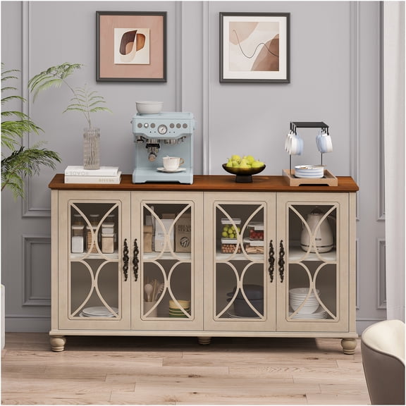 JERFIT Antique Display Cabinet with 4 Glass Doors, Beige Vintage Bookcase for Dining Room & Living Room Storage