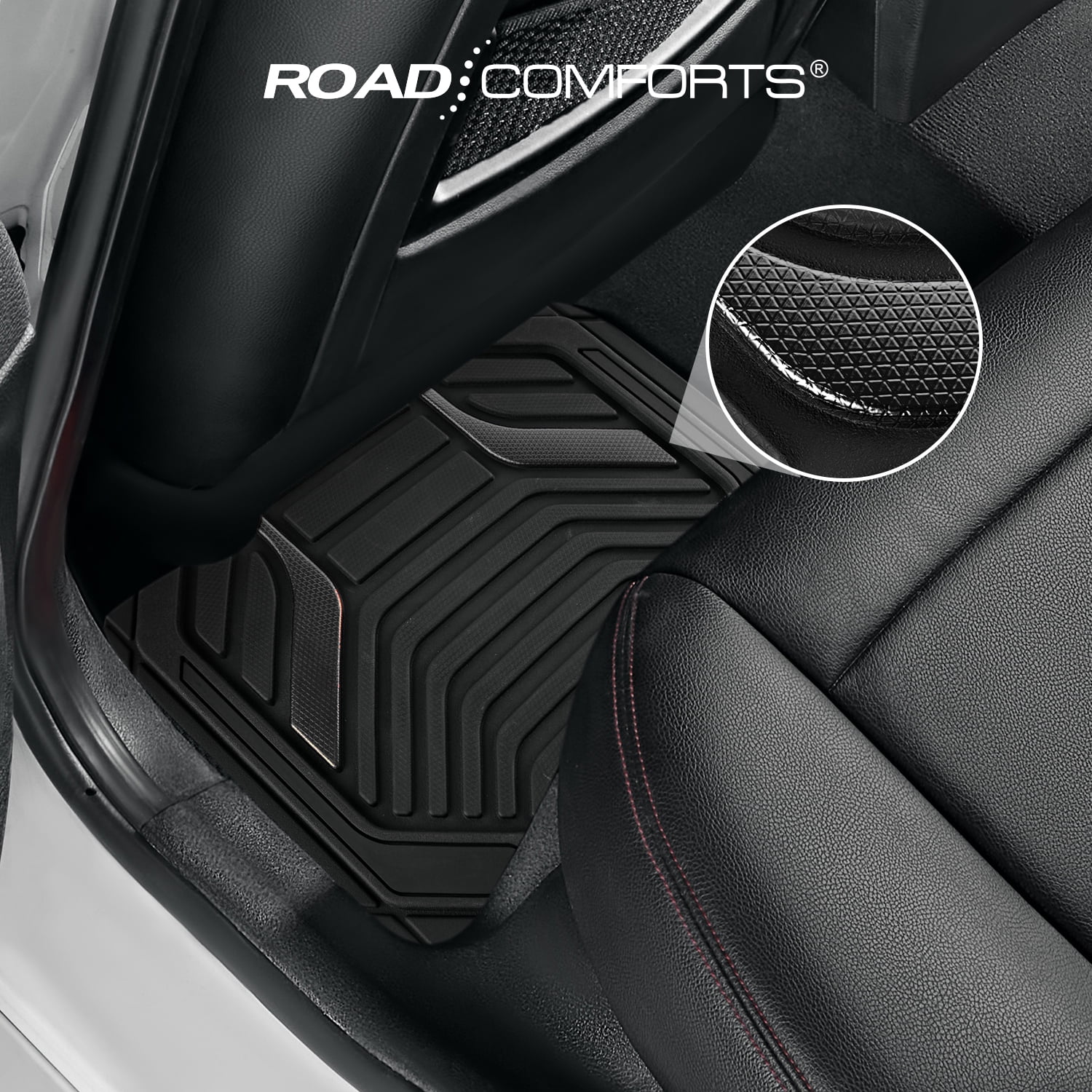 Road Comforts Heavy Duty Rubber Floor Mats Black Aluminum Film Car Mats Set, Front and Rear Car Mats
