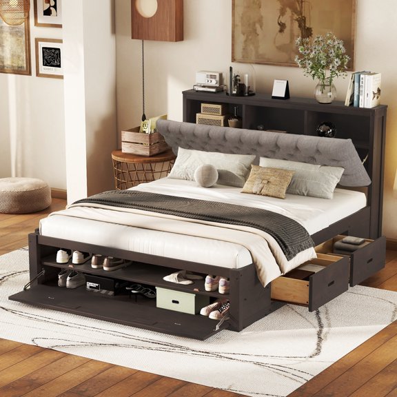 Queen Size Bed With Headboard Storage, 4 Drawers, Shoe Rack & Quality Wood Platform For , Construction