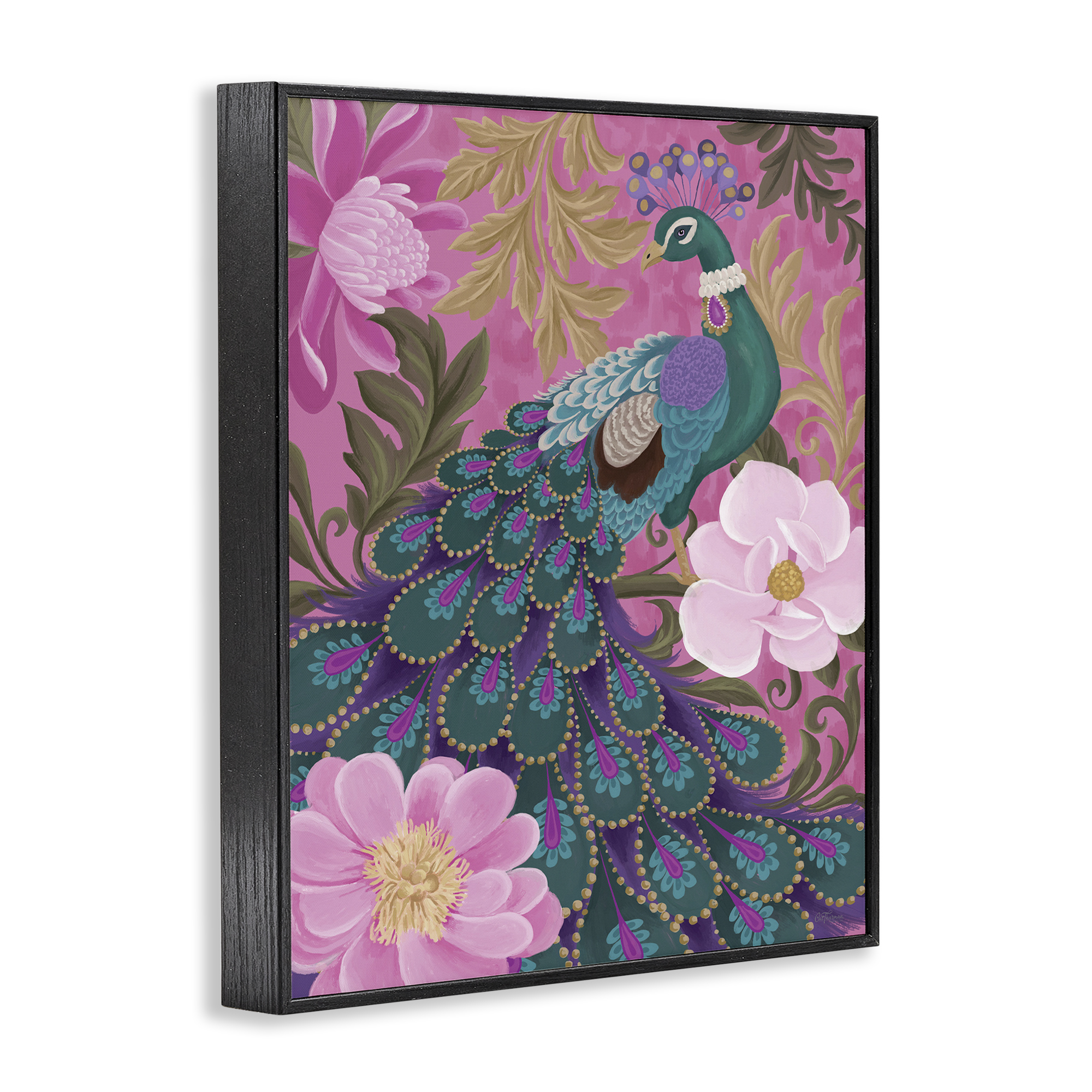 Stupell Industries Peacock & Pink Blossoms Animals & Insects Painting Black Framed Art Print Wall Art, 11 x 14