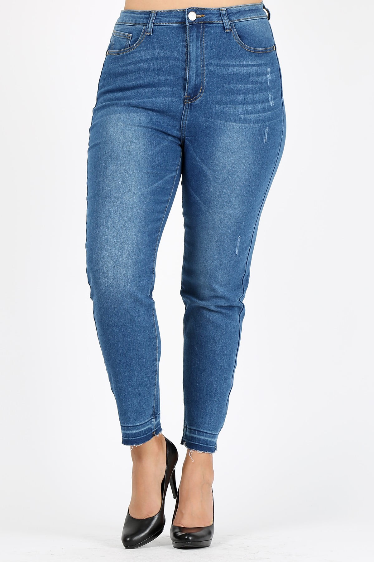 Plus size denim jeans with whiskered wash distressed raw-hem and high ...