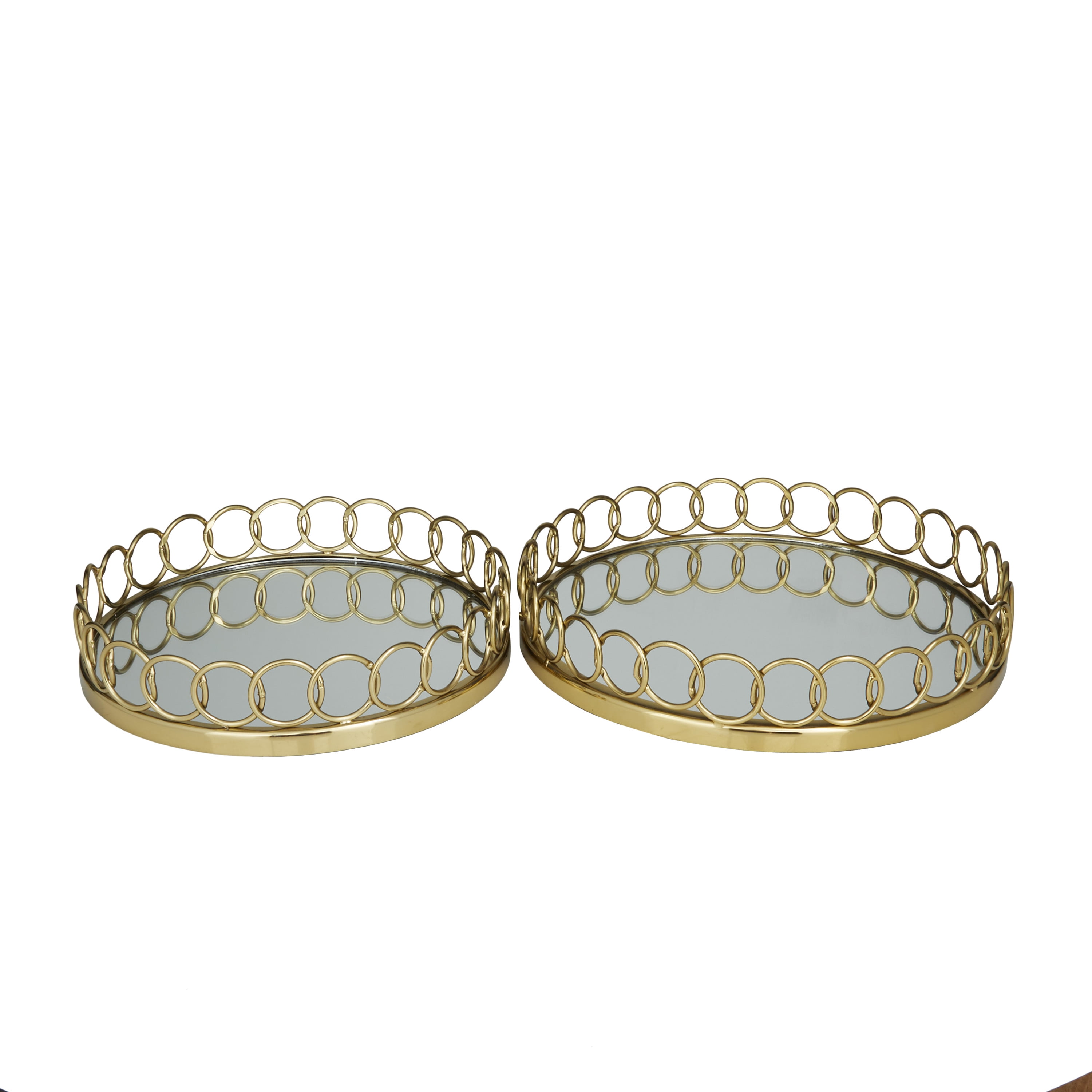 DecMode 16", 14"W Gold Stainless Steel Mirrored Tray with Circle Patterned Sides, 2-Pieces