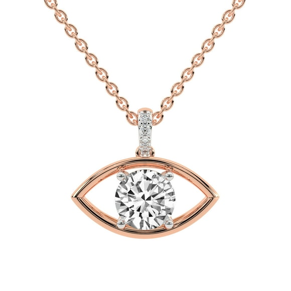 Lab Diamond Dangling Pendant Necklace For Women | 2 Carat IGI Certified Round Shape | Evil Eye Charm Lab Diamond Pendant In 14K Rose Gold | FG-VS1-VS2 Quality | Friendly Diamonds