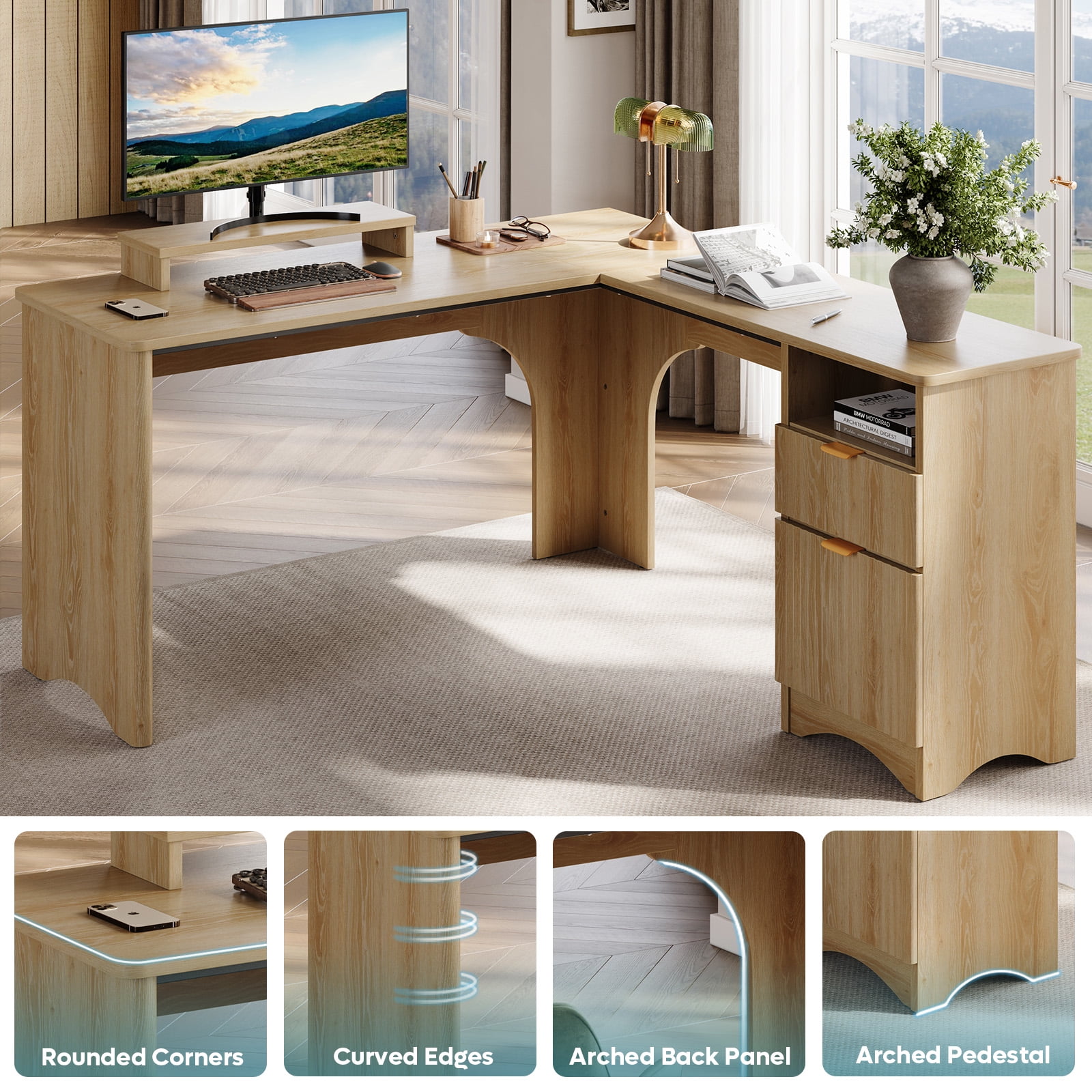 Bestier L Shaped Desk with Drawers, 55.7" x 55" Office Computer Desk with Round Corners, Monitor Stand & Fluted Panels, Natural Oak