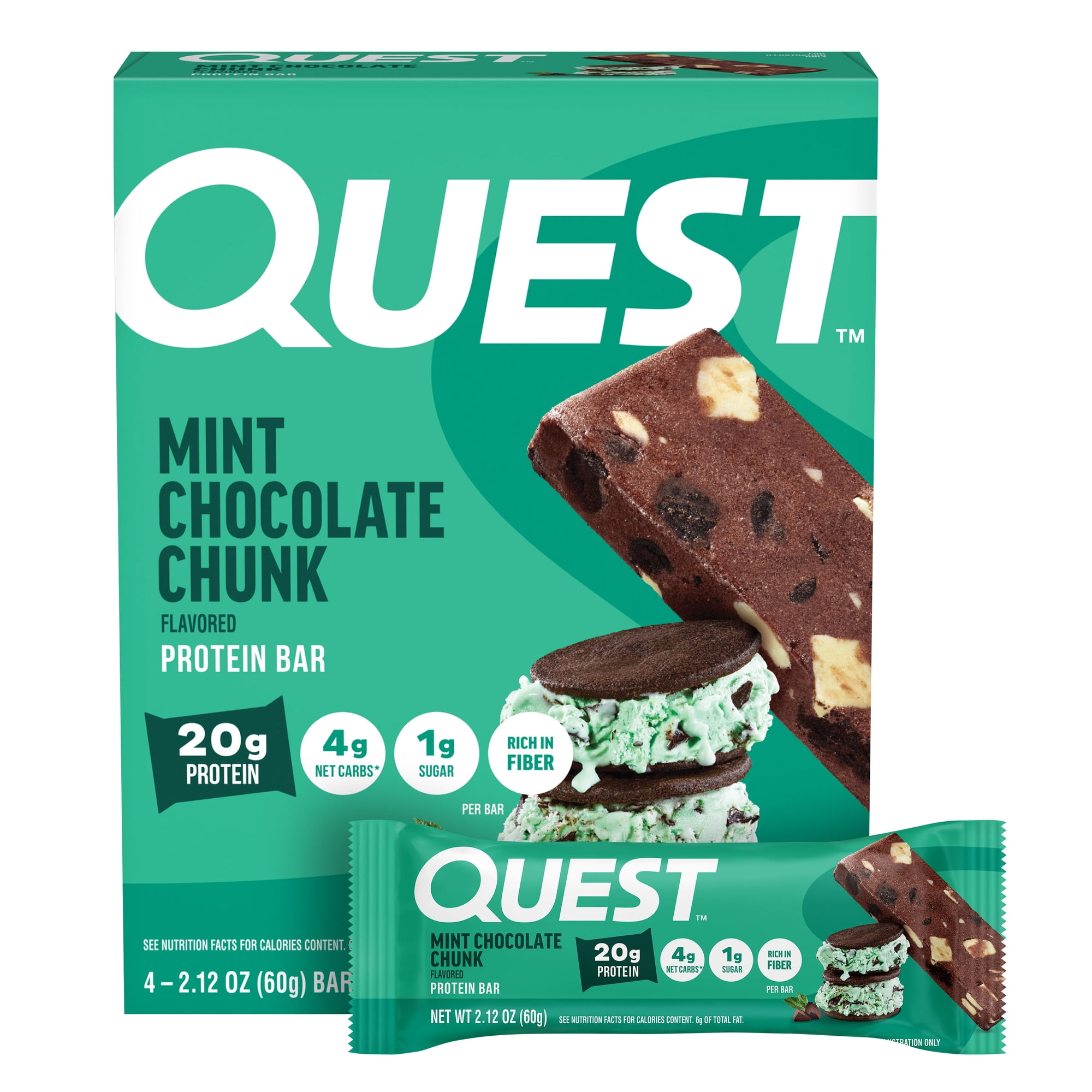 Quest Protein Bar, Low Carb, Gluten-Free, Mint Chocolate Chunk, 20g Protein, 4 Count