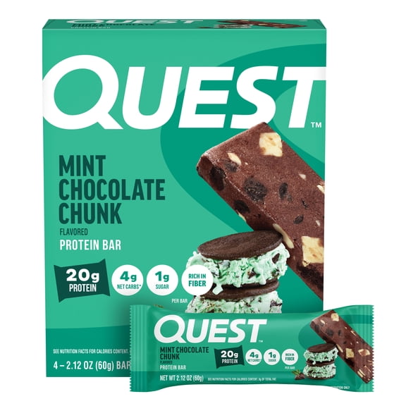 Quest Protein Bar, Low Carb, Gluten-Free, Mint Chocolate Chunk, 20g Protein, 4 Count