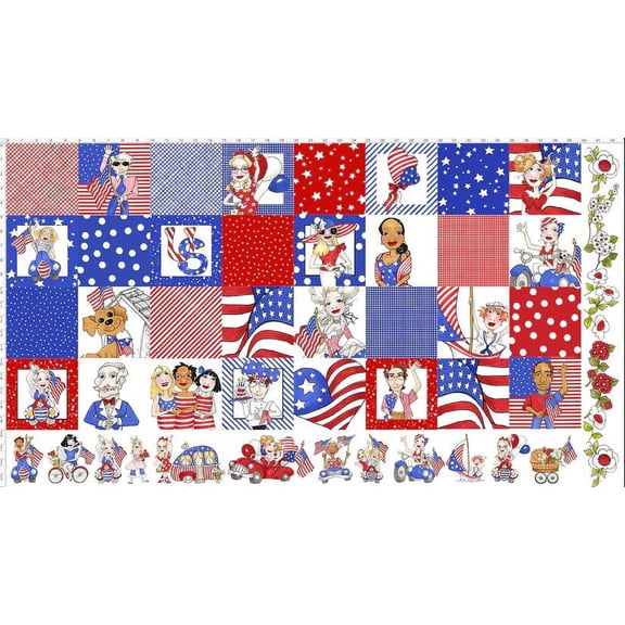 23" X 44" Panel US Medley American Flags Balloons Patriotic Parade Independence Day 4th of July Red White and Blue Cotton Fabric Panel (692-392)