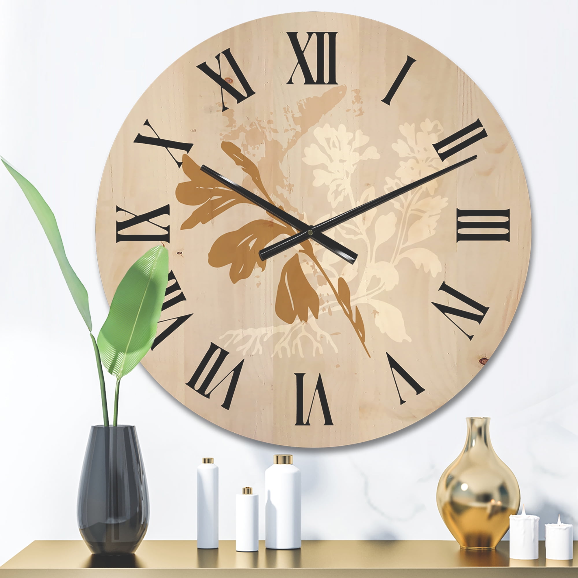 Designart 'Minimal Botanical Design In White and Brown' Traditional Wood Wall Clock