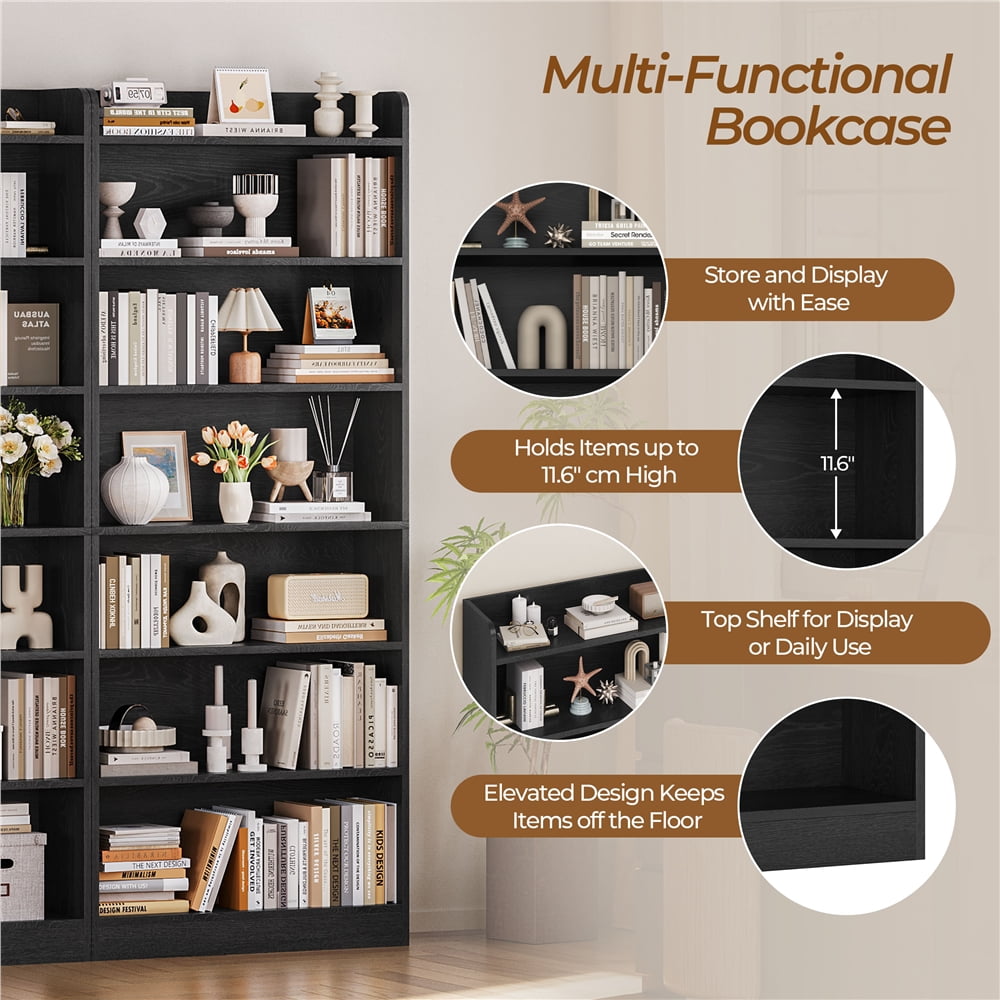 Renwick Wooden 7 Layer Open Shelf Bookcase with Compartment, Black
