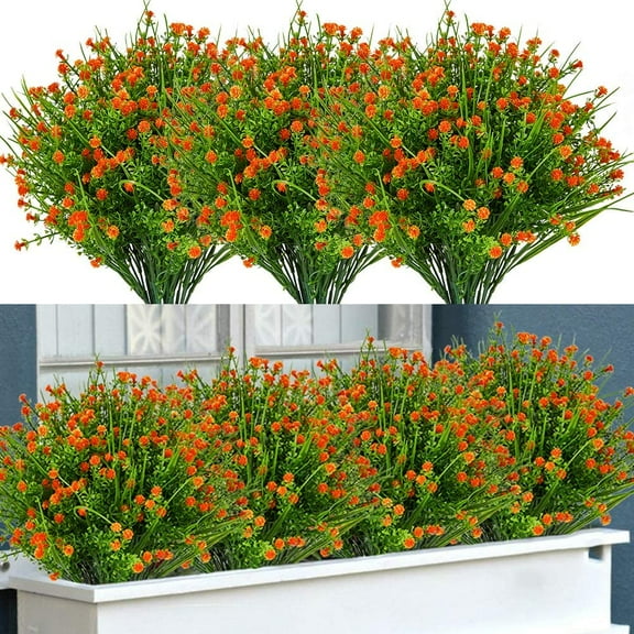 6 Bundles Artificial Flowers for Outdoors, Real Touch Fake Baby’s Breath UV Resistant No Fade Faux Plastic Plants for Garden Patio Porch Window Box Home Wedding Decoration, Orange