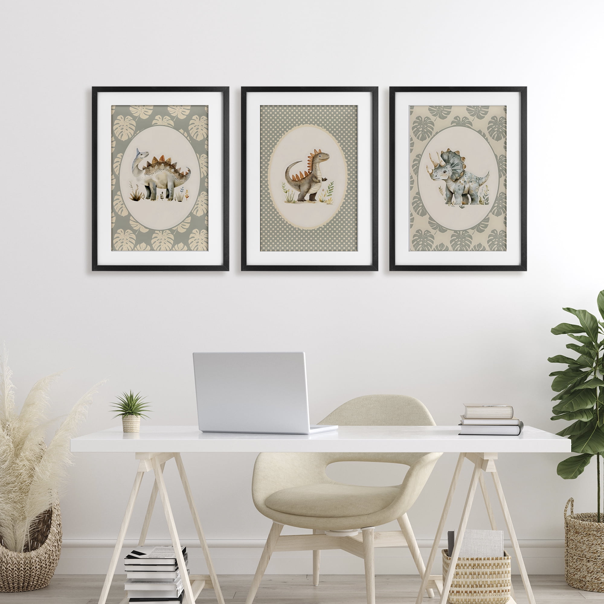Stupell Industries Nursery Dinosaurs Tropical Border 3 Piece Black Framed Print Under Glass Set, design by LSR Design Studio