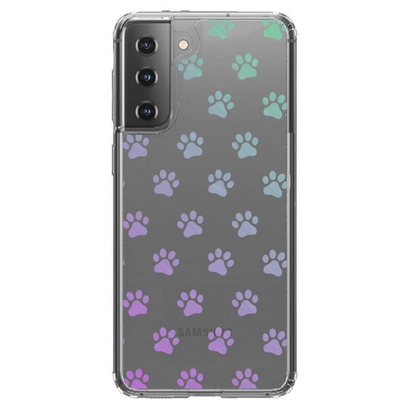 DistinctInk Clear Shockproof Hybrid Case for Galaxy S21  PLUS 5G (6.7" Screen) - TPU Bumper, Acrylic Back, Tempered Glass Screen Protector - Graident Pawprints - Purple to Green