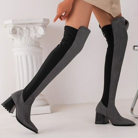 

Akiihool Womens Winter Boots Women High Block Heel Boot Pointed Toe Platform Over The Knee Boots (Grey 9)
