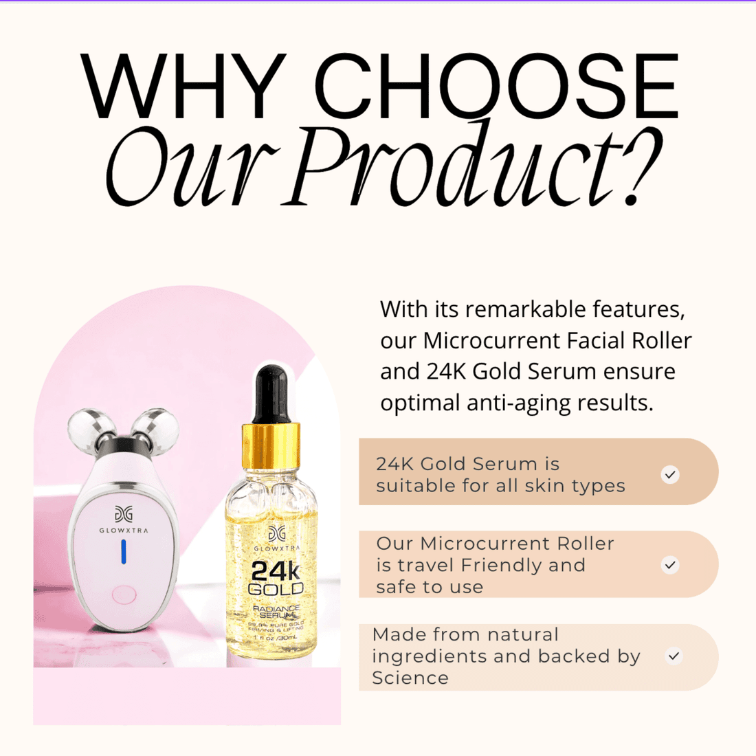 Golden Glow Set: Microcurrent Facial Roller + 24K Gold Serum (Pink Roller)
