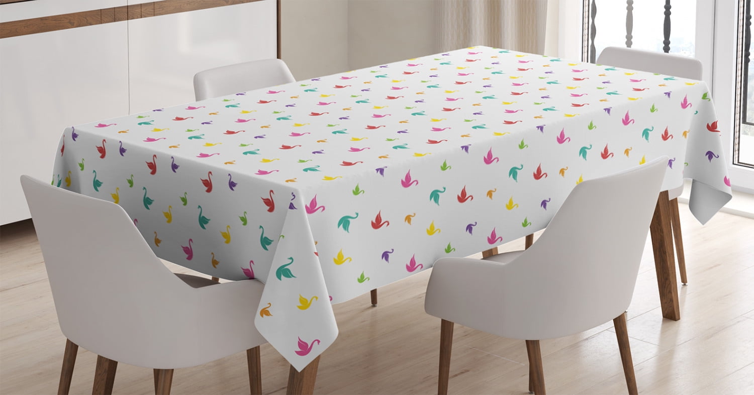 Animal Decor Tablecloth, Rainbow Colored Cute Swans Pattern Birds Wing