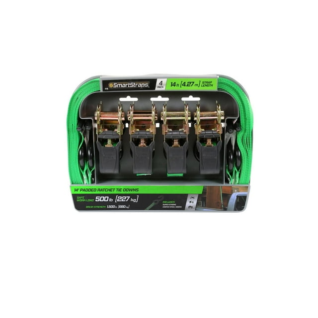 14' 1500 lb Padded Ratchet Tie Down 4 Pk Green