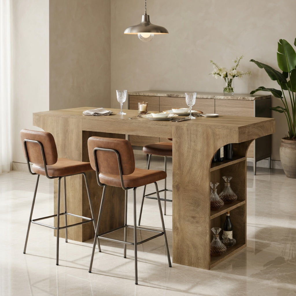 Hommoo 63 Inch Rectangular Counter Height Bar Table with Open Storage Shelves, Rustic Modern Farmhouse Pub Table for Home Bar, Dining & Cocktail Serving, Brown