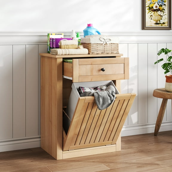 Tilt-Out Trash Can Cabinet, 10 Gallon Fluted Laundry Hamper Cabinet with Drawers, Wooden Hidden Garbage Can Cabinet w/Storage Basket, Free Standing for Kitchen & Living Room,Natural Oak