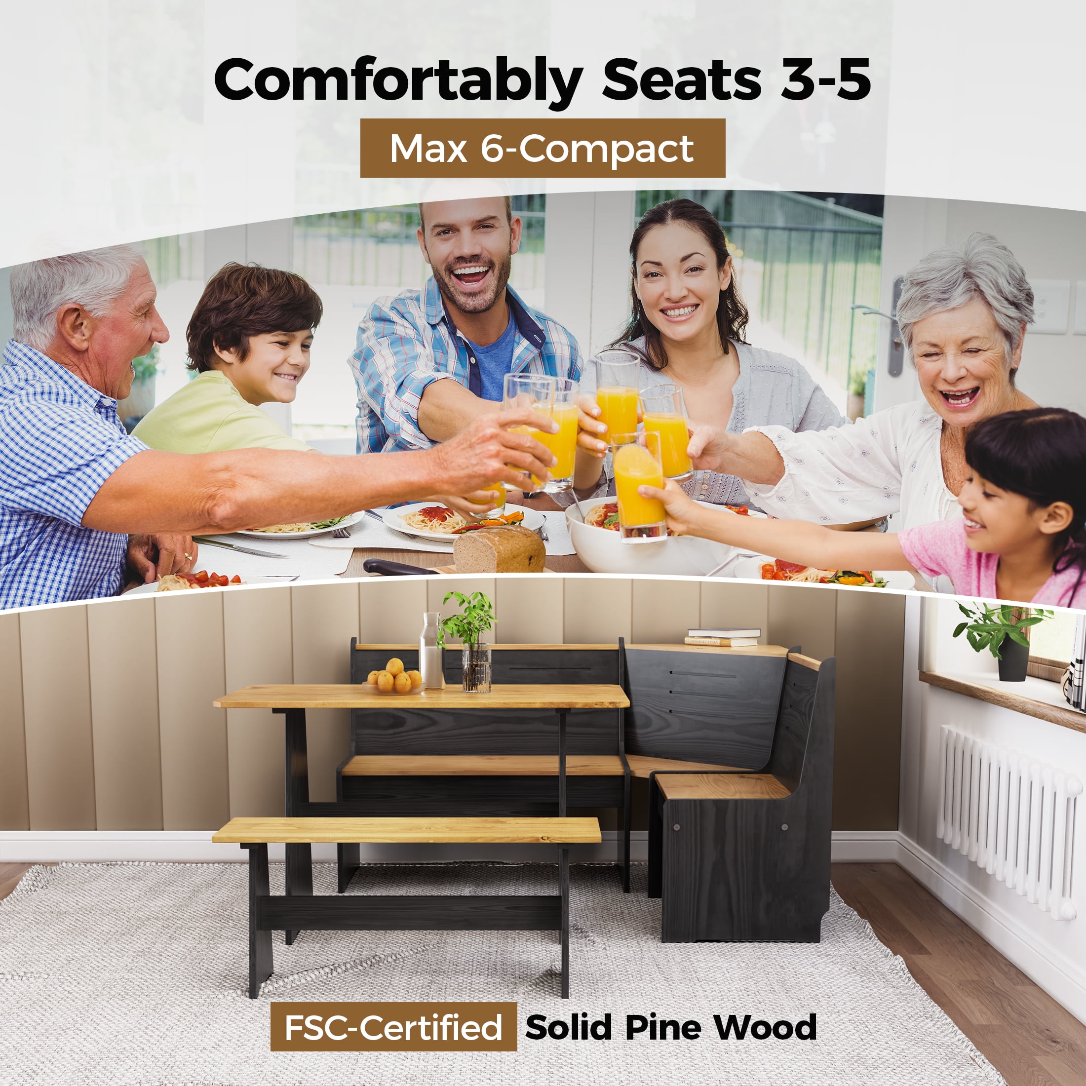 Nook Table Dining Room Sets for 3-5 with Bench,Breakfast Nook Kitchen Corner Dining Table Set, Farmhouse Corner Banquette Seating, Black/Oak