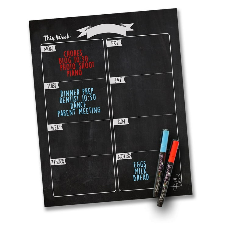 Magnetic Weekly Chart Chalkboard Design Calendar - Task Manager to Do List  - Menu Dry Erase Board Planner- Two Liquid Chalk Dry Erase Markers- 11x  14 