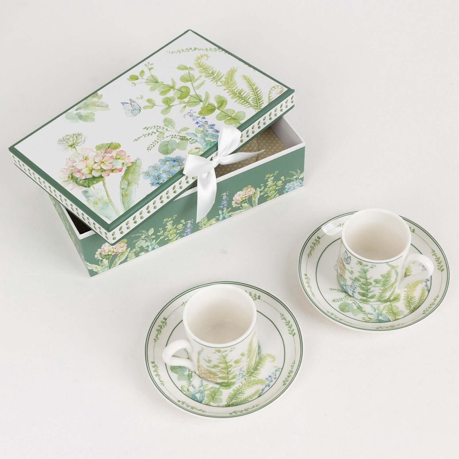 Efavormart Set of 2 Greenery Theme Porcelain Espresso Cups and Saucers with Matching Keepsake Gift Box, Bridal Shower Gift Set