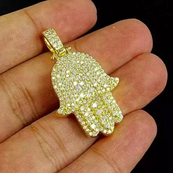 2Ct Round Lab-created Diamond Hamsa Hand Men's Pendant 14K Yellow Gold Plated